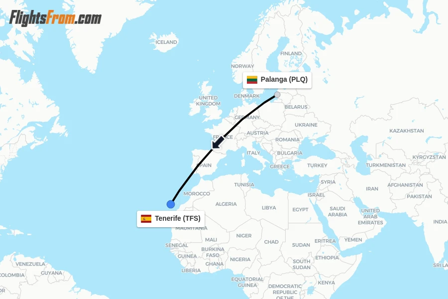 Flights from Palanga to Tenerife route map