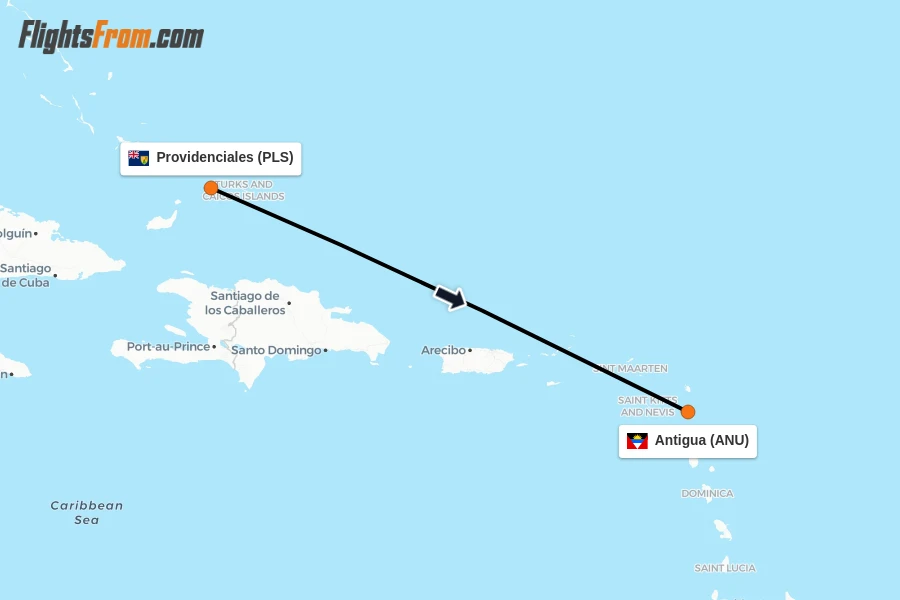 Flights from Providenciales to Antigua route map