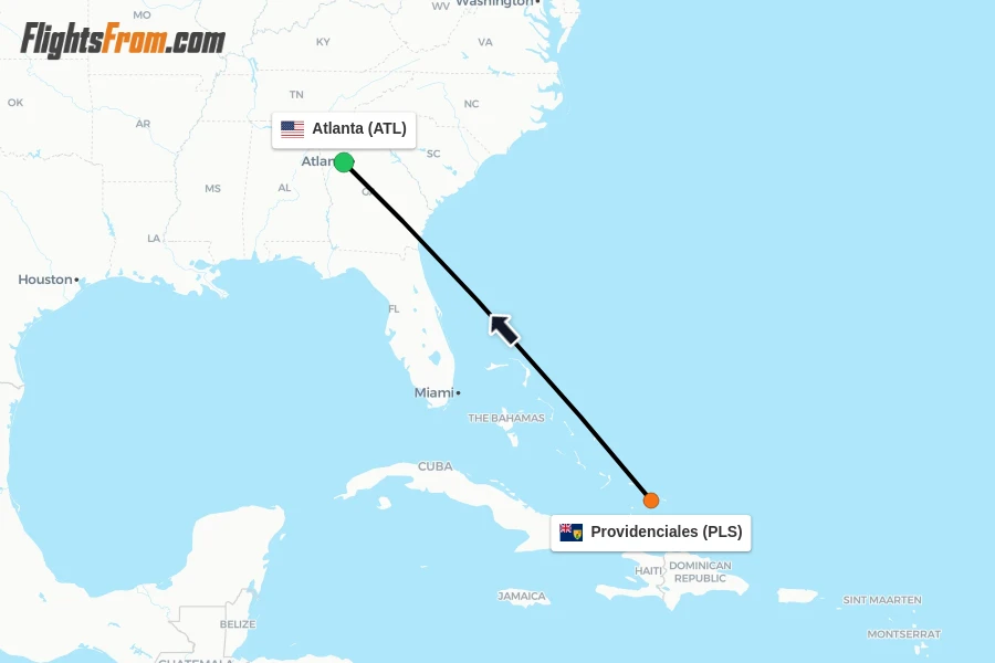 Flights from Providenciales to Atlanta route map