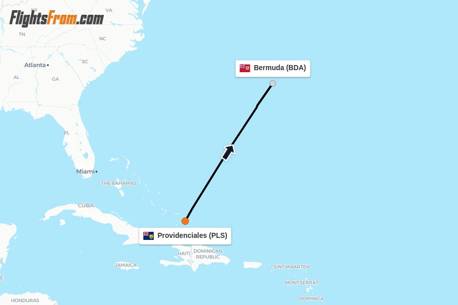 Flights from Providenciales to Bermuda route map