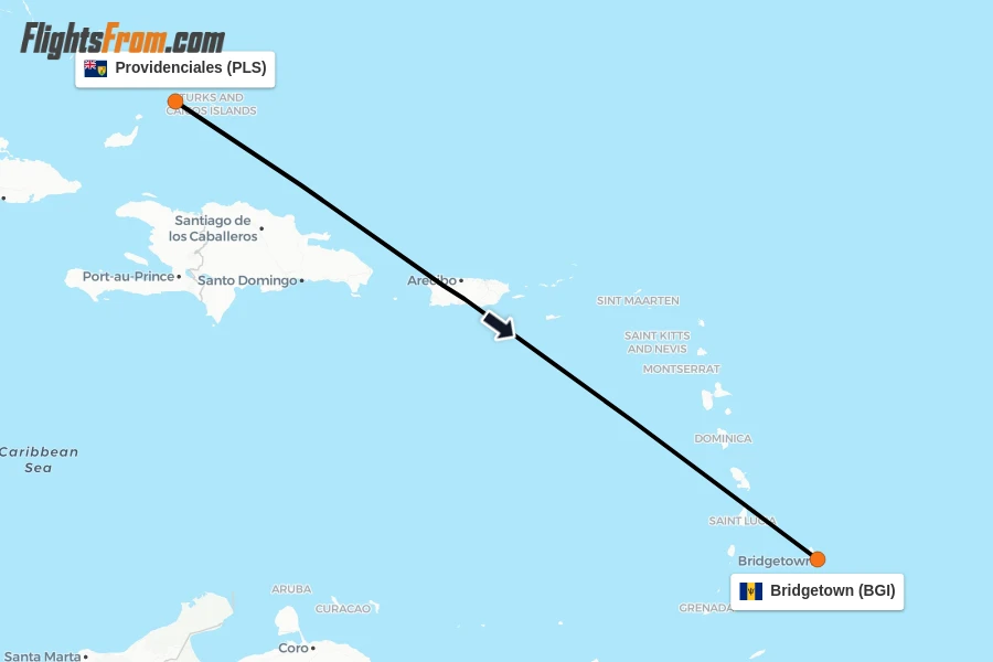 Flights from Providenciales to Bridgetown route map