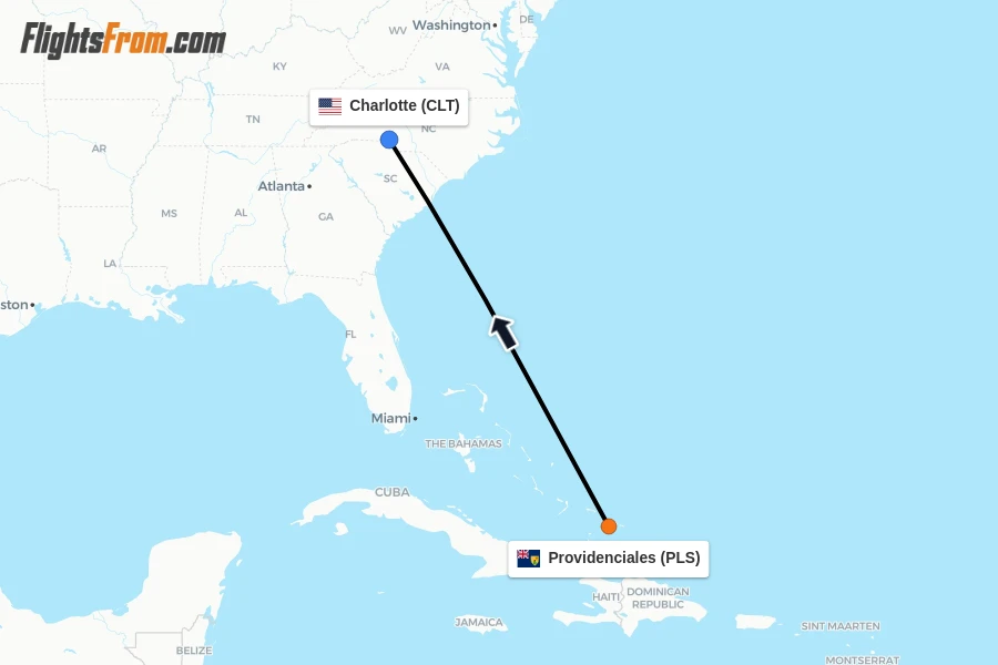 Flights from Providenciales to Charlotte route map