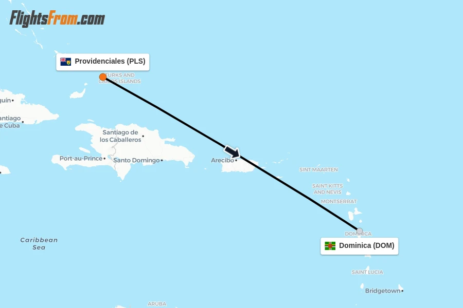 Flights from Providenciales to Dominica route map