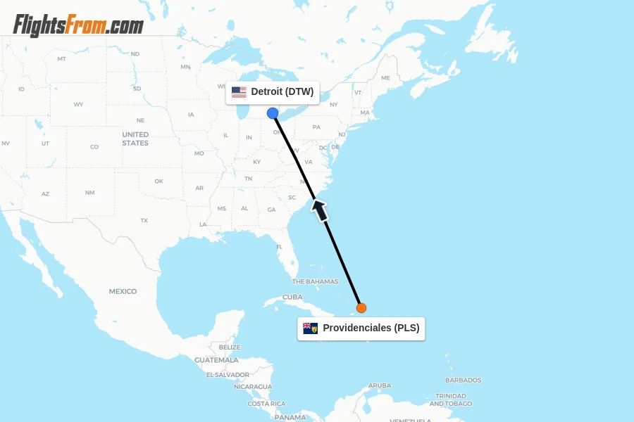 Flights from Providenciales to Detroit route map