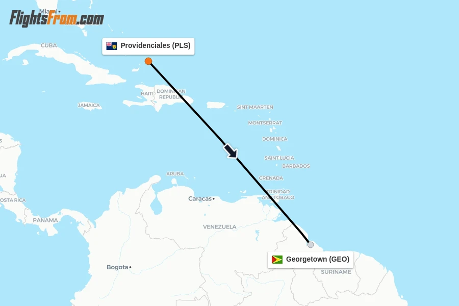 Flights from Providenciales to Georgetown route map
