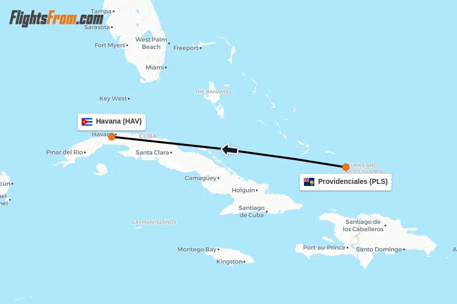 Flights from Providenciales to Havana route map