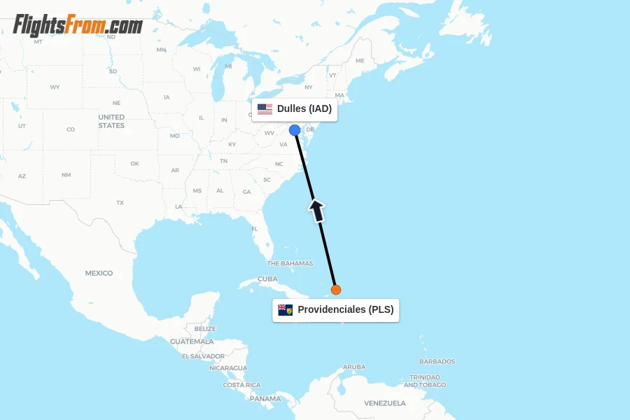 Flights from Providenciales to Dulles route map