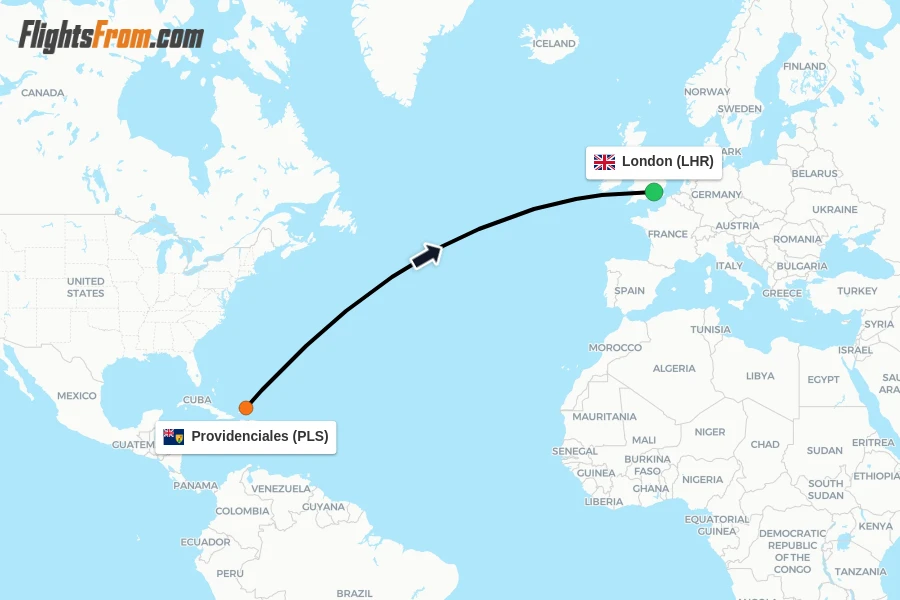 Flights from Providenciales to London route map