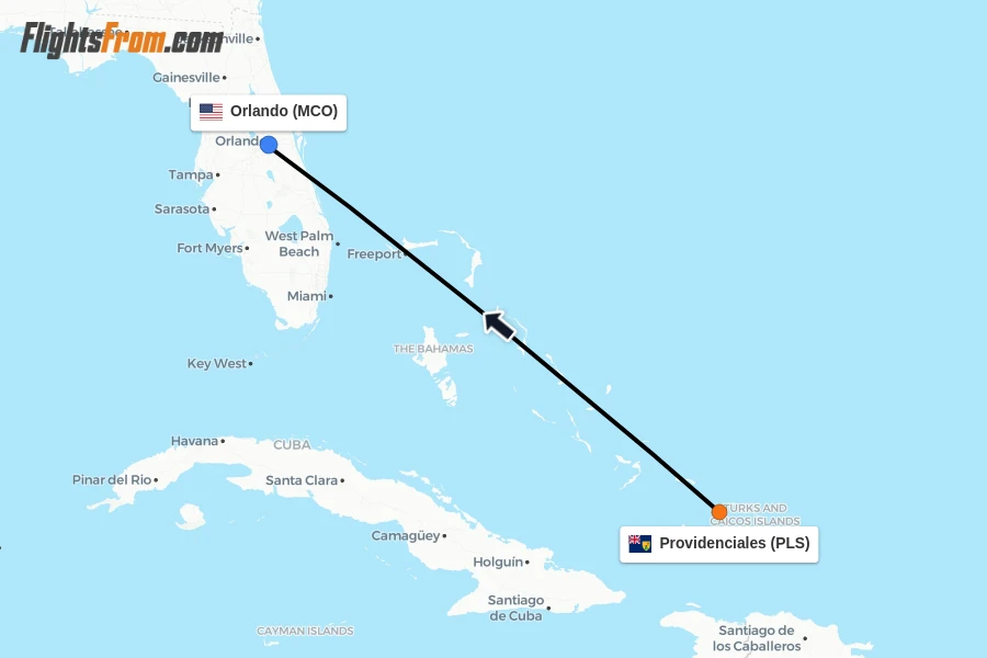 Flights from Providenciales to Orlando route map