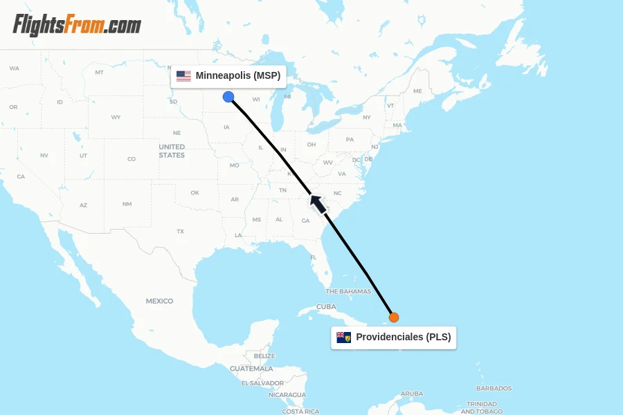 Flights from Providenciales to Minneapolis route map