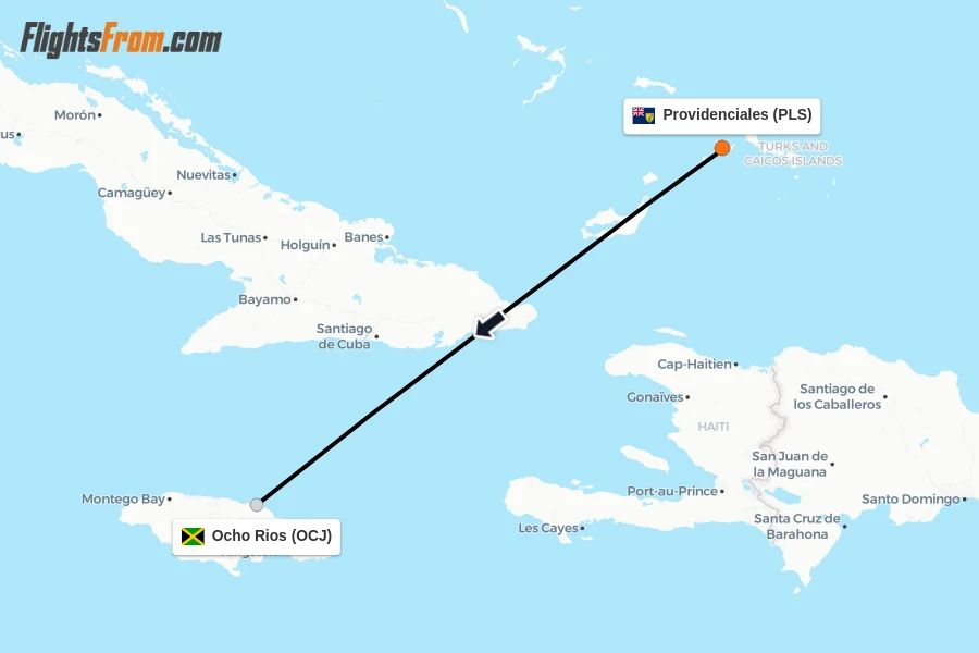 Flights from Providenciales to Ocho Rios route map