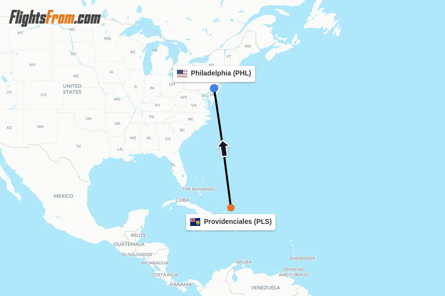 Flights from Providenciales to Philadelphia route map