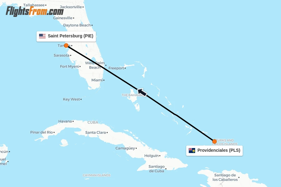 Flights from Providenciales to Saint Petersburg route map