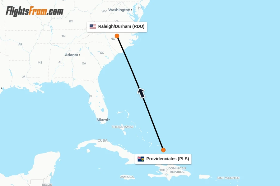 Flights from Providenciales to Raleigh/Durham route map