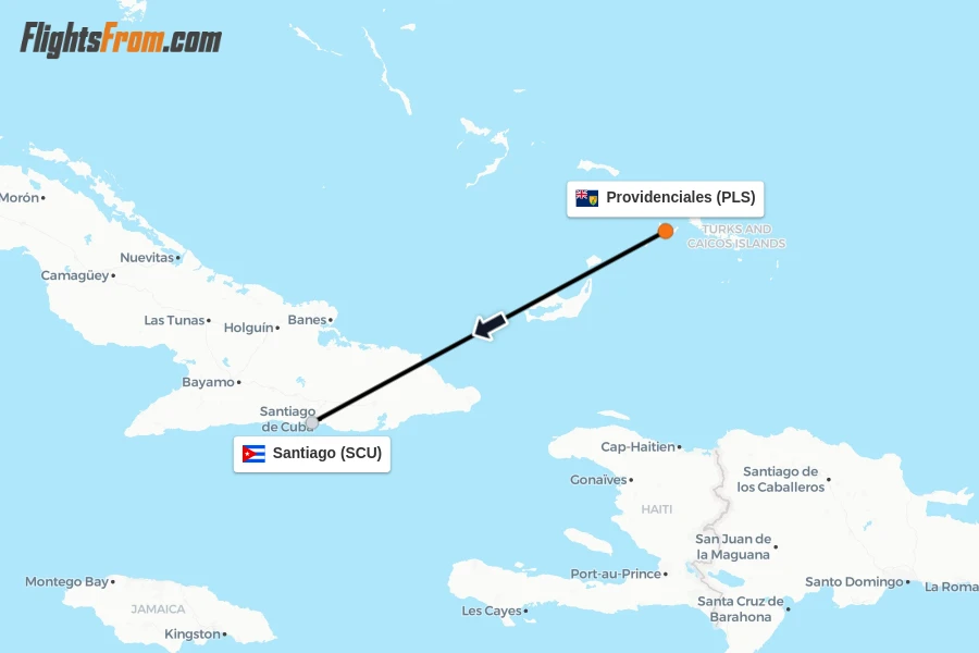 Flights from Providenciales to Santiago route map