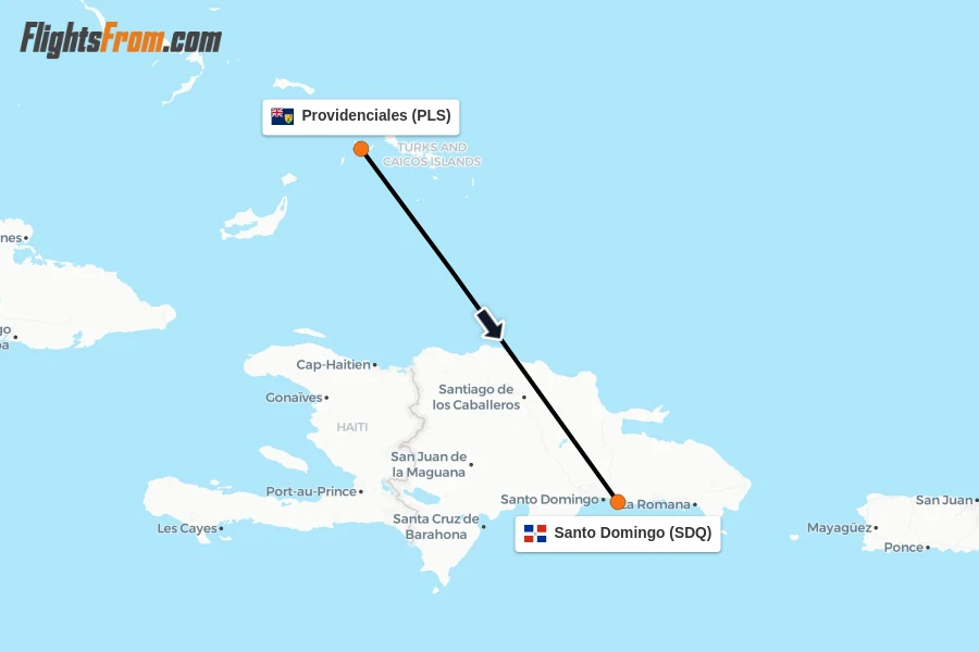 Flights from Providenciales to Santo Domingo route map