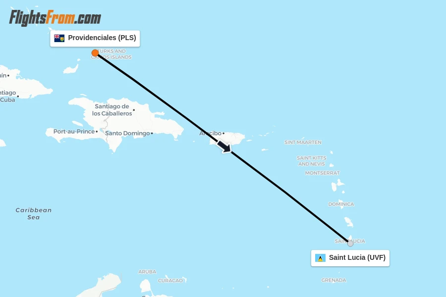 Flights from Providenciales to Saint Lucia route map
