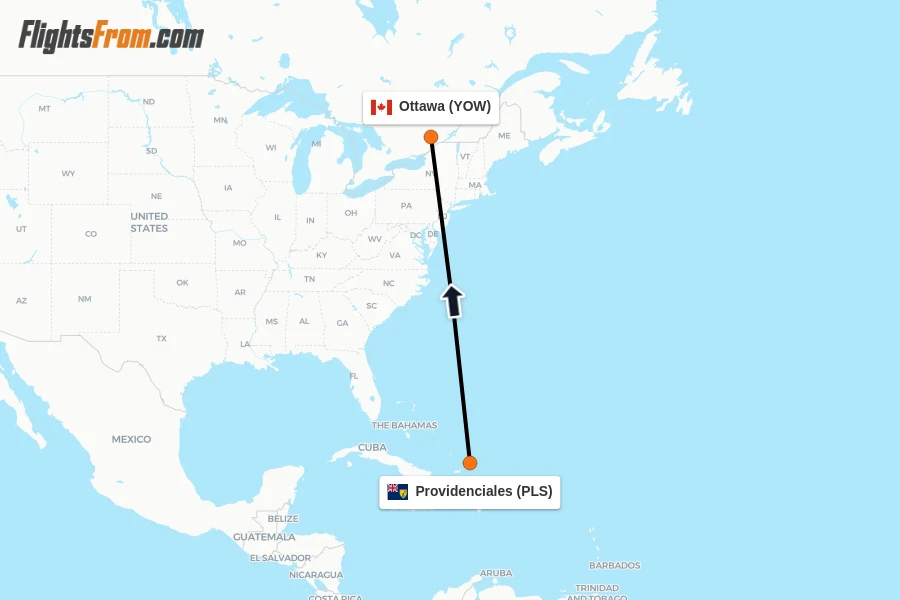 Flights from Providenciales to Ottawa route map