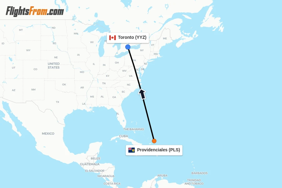 Flights from Providenciales to Toronto route map