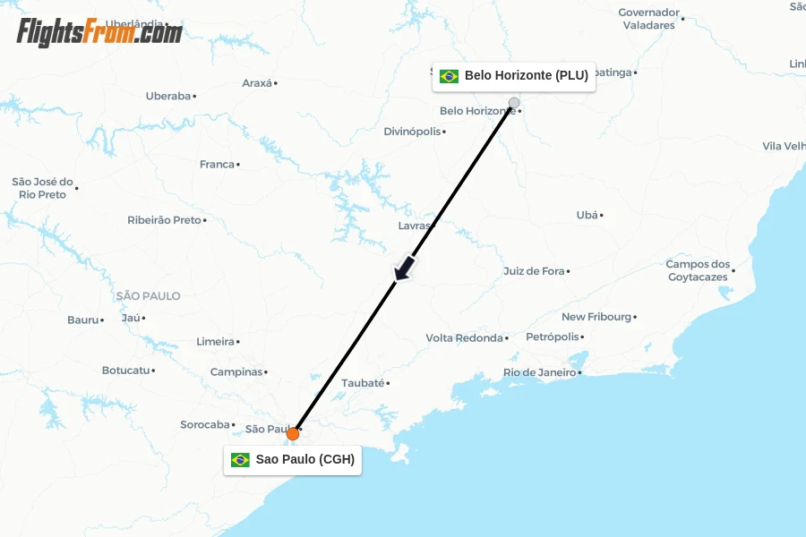 Flights from Belo Horizonte to Sao Paulo route map
