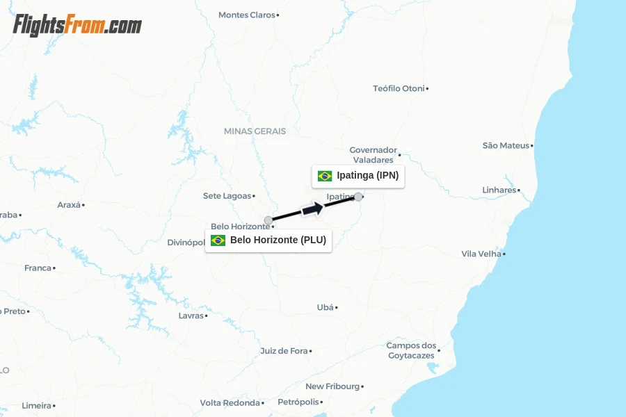 Flights from Belo Horizonte to Ipatinga route map