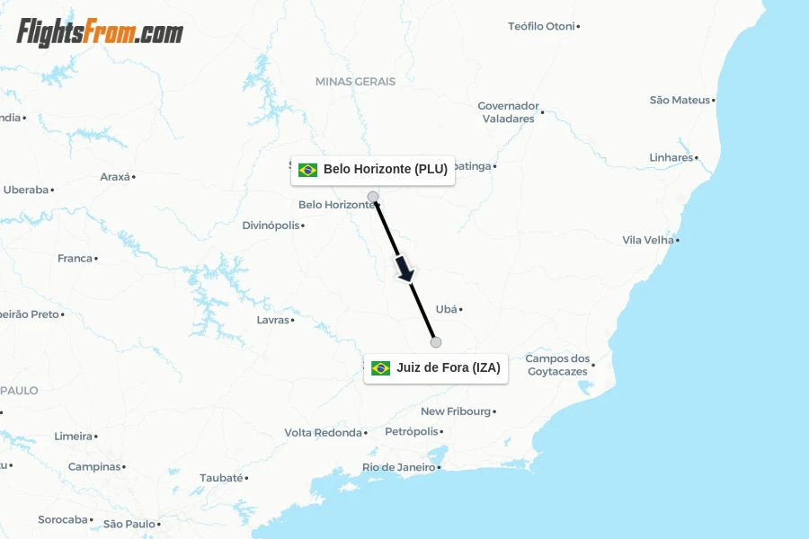 Flights from Belo Horizonte to Juiz de Fora route map