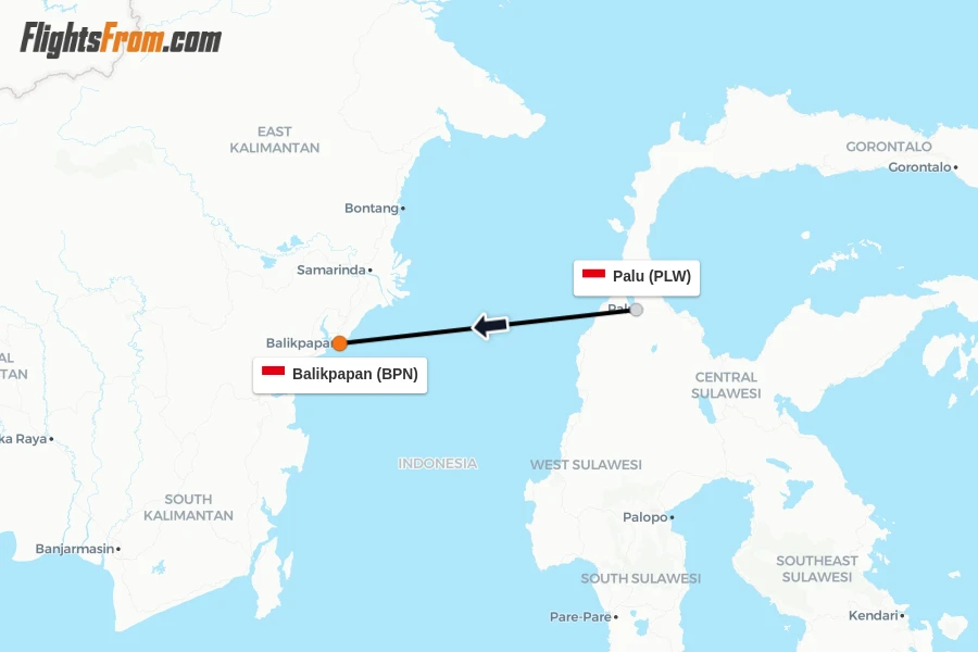 Flights from Palu to Balikpapan route map