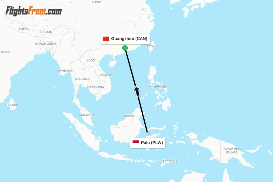 Flights from Palu to Guangzhou route map