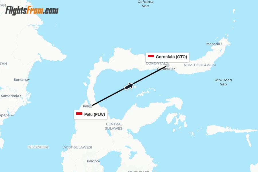 Flights from Palu to Gorontalo route map