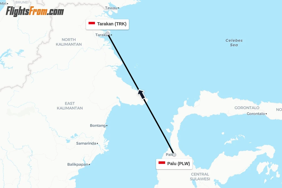 Flights from Palu to Tarakan route map