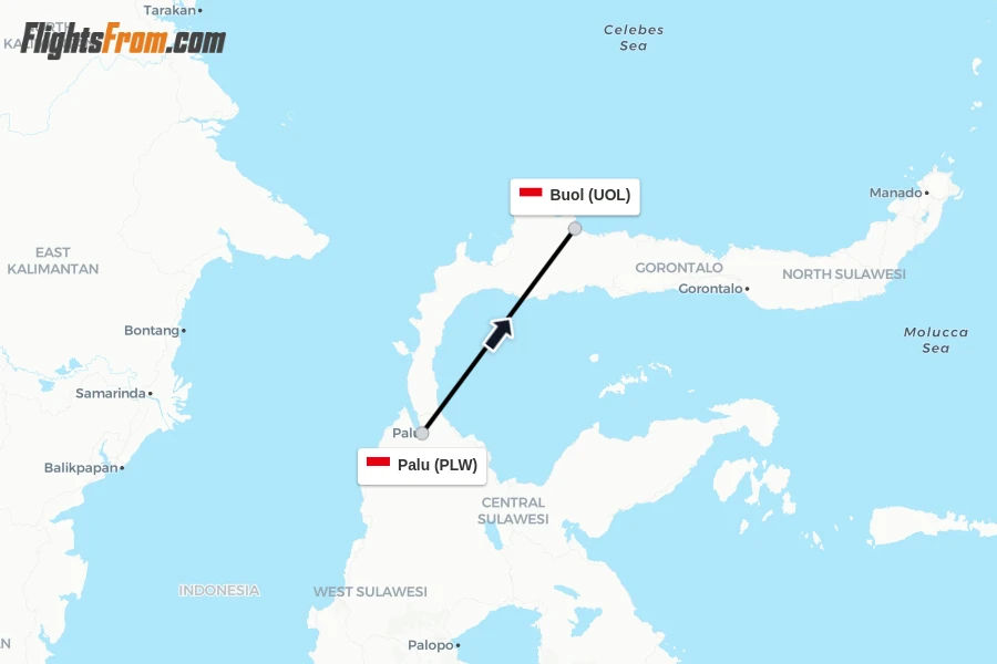 Flights from Palu to Buol route map