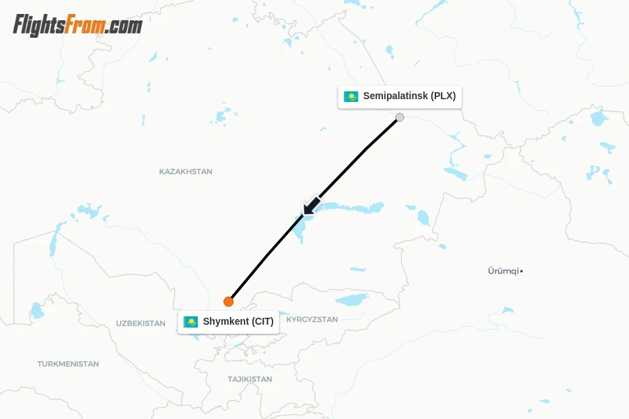 Flights from Semipalatinsk to Shymkent route map