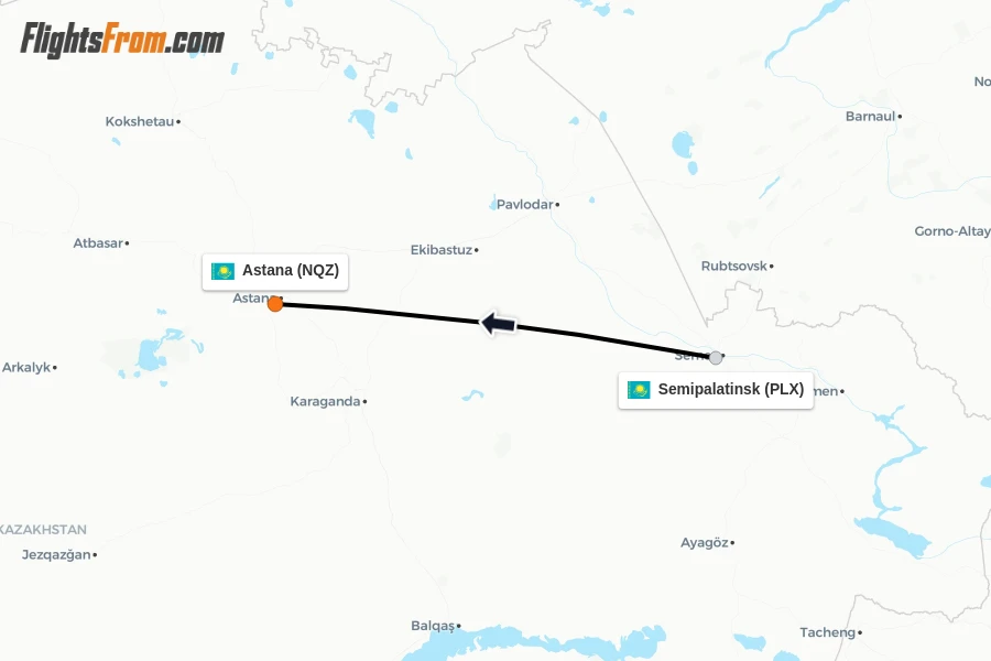 Flights from Semipalatinsk to Astana route map