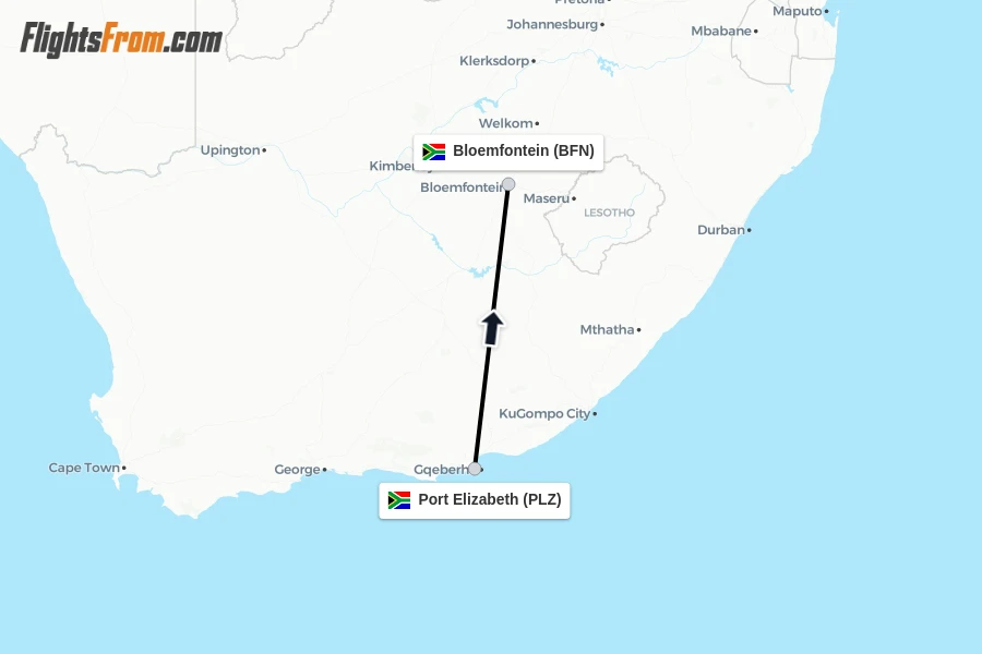 Flights from Port Elizabeth to Bloemfontein route map