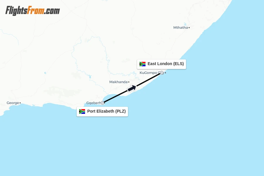Flights from Port Elizabeth to East London route map