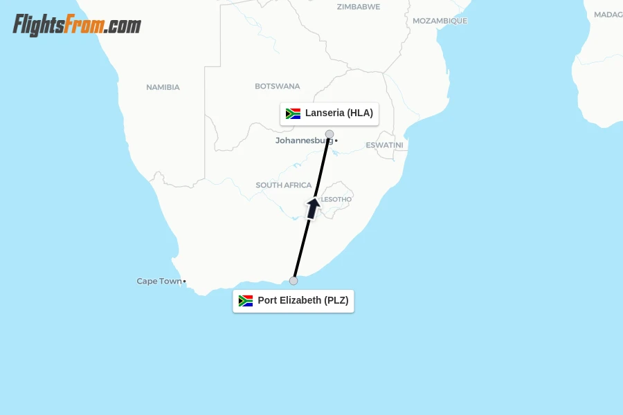 Flights from Port Elizabeth to Lanseria route map