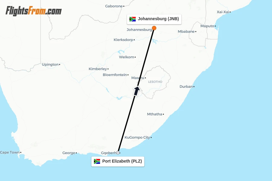 Flights from Port Elizabeth to Johannesburg route map