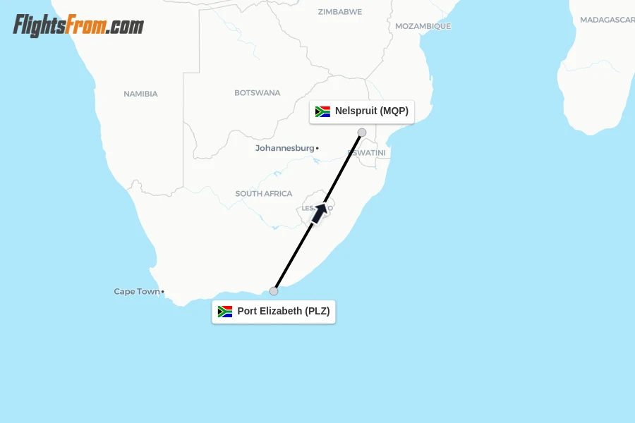 Flights from Port Elizabeth to Nelspruit route map