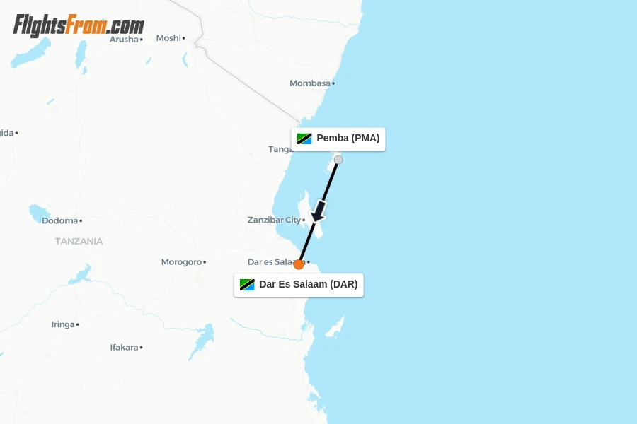Flights from Pemba to Dar Es Salaam route map
