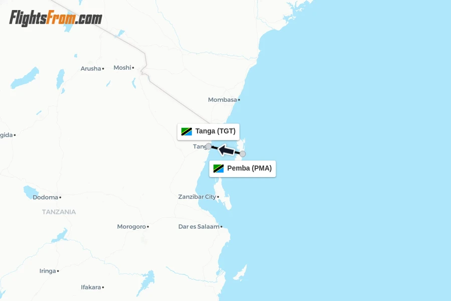 Flights from Pemba to Tanga route map