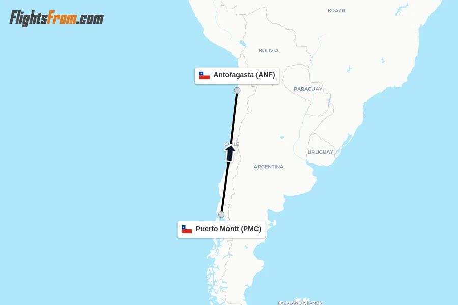 Flights from Puerto Montt to Antofagasta route map