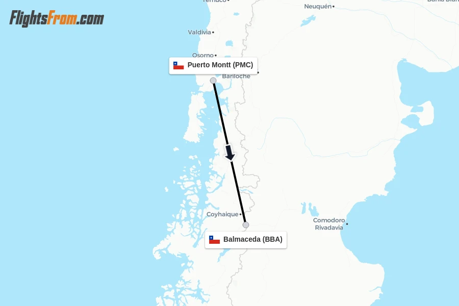 Flights from Puerto Montt to Balmaceda route map