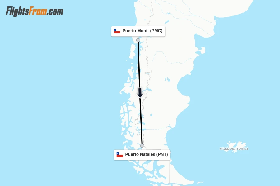 Flights from Puerto Montt to Puerto Natales route map