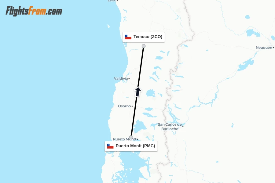 Flights from Puerto Montt to Temuco route map