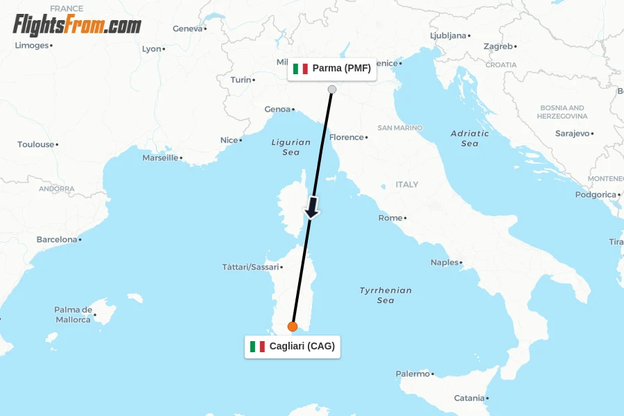 Flights from Parma to Cagliari route map