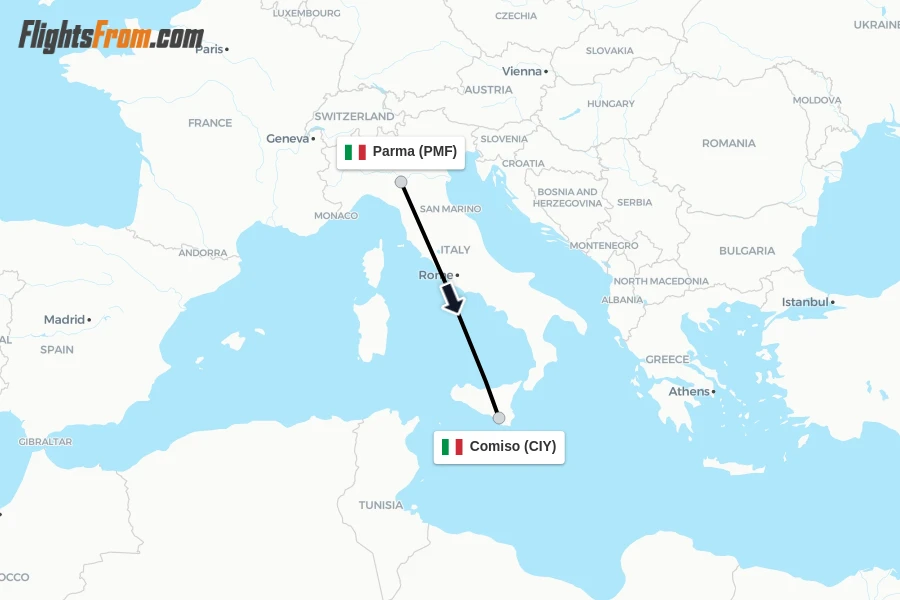 Flights from Parma to Comiso route map