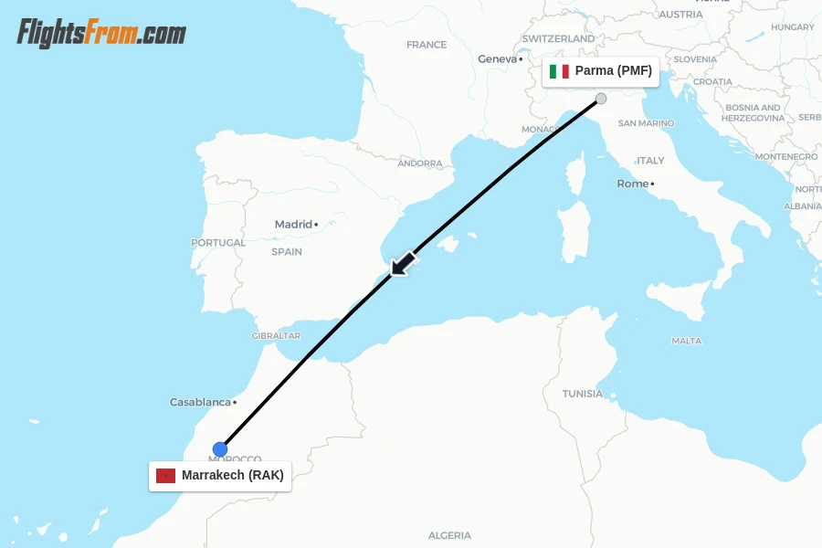 Flights from Parma to Marrakech route map
