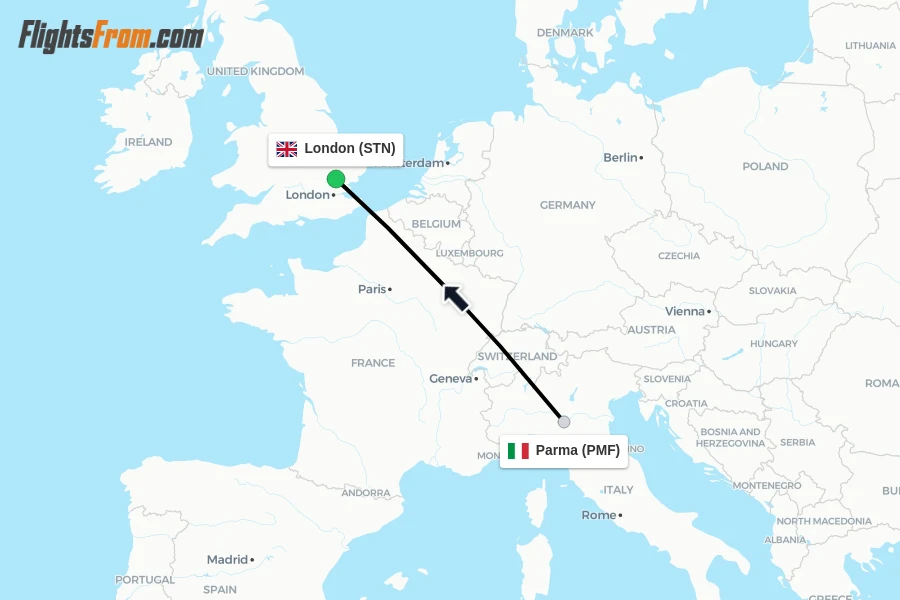Flights from Parma to London route map