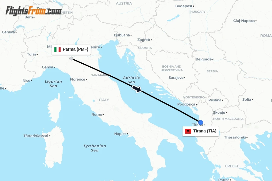 Flights from Parma to Tirana route map