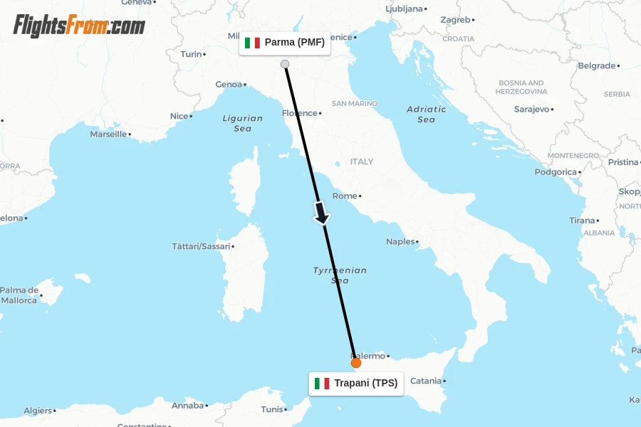 Flights from Parma to Trapani route map